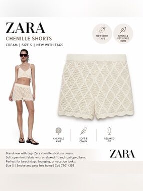 Zara Cream Chenille Crochet Knit Shorts Size S NWT Open Knit Scalloped Hem Beach